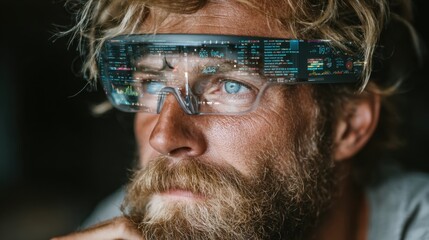 Man wearing futuristic augmented reality glasses with digital interface overlay