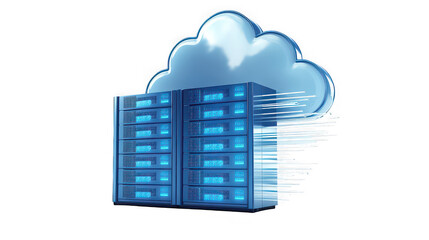 Sleek blue glowing server racks processing massive data streams connected directly to a stylized translucent cloud icon representing secure digital storage and connectivity