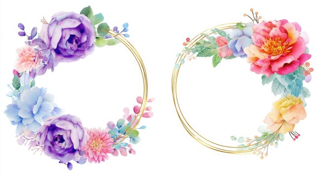 Two circular floral arrangements are displayed with a mix of colorful flowers and greenery. Each design features a unique style suitable for decoration or craft projects.
