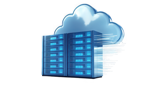 Sleek blue glowing server racks processing massive data streams connected directly to a stylized translucent cloud icon representing secure digital storage and connectivity - Powered by Adobe