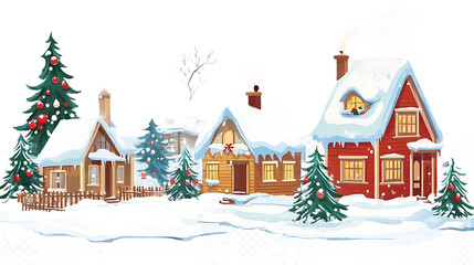 Charming snow-covered village scene with festive Christmas trees cozy houses with glowing windows perfect for holiday greetings and winter conc
