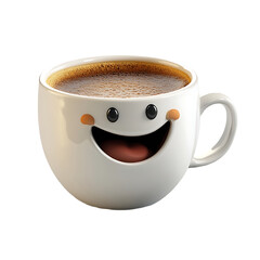 Happy coffee cup with smiling face fun beverage illustration for morning energy and cafe branding isolated on white background.