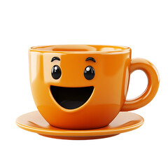Orange ceramic coffee cup with a happy smiley face isolated on white background.