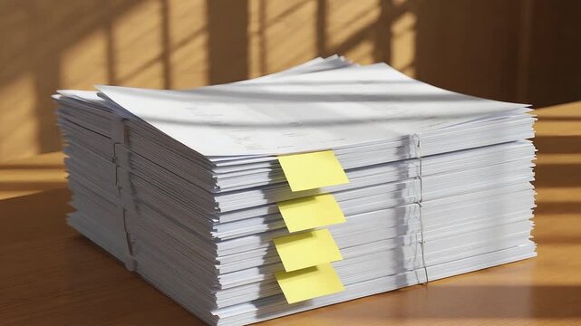Large Stack of Paper Documents with Yellow Sticky Notes on Office Wooden Table