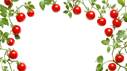 Fresh cherry tomatoes on the vine organic produce forming a decorative border isolated on white background.