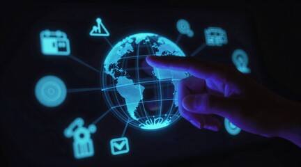 AI cloud computing and data analytics concept. Interactive digital globe with icons representing communication and data.