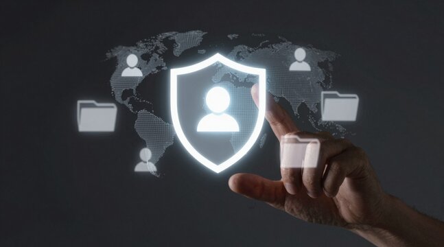 AI cloud computing and data analytics concept. Digital security concept with a hand touching a shield icon and a world map in the background. - Powered by Adobe