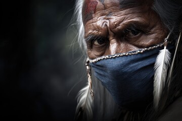 Man with gray hair and mask stands in dark setting with feathers in his hair during an outdoor event at dusk