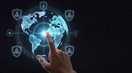 AI cloud computing and data analytics concept. Interactive digital globe with security icons and a hand pointing at it.
