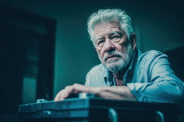 Older man sitting at a table with a thoughtful expression in a dimly lit room during the evening