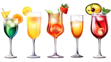 Collection of colorful cocktails with garnishes refreshing summer drinks for parties and celebrations isolated on white background.