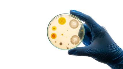 Scientist hand holding petri dish with bacterial culture isolated on transparent background
