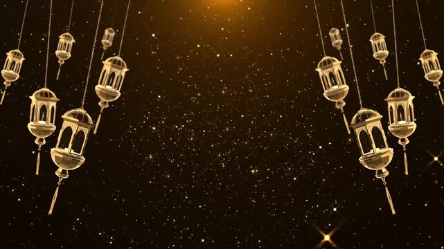 islamic hanging lanterns for islam festival, ramadan and eid, glistering glitter particles greeting background