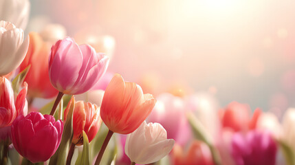 Obraz premium A vibrant display of tulips blooming, showcasing a beautiful array of colors in a soft, dreamy light.