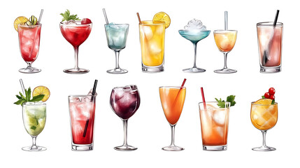 Collection of colorful summer cocktails refreshing drinks with garnishes for party and bar menu design isolated on white background.