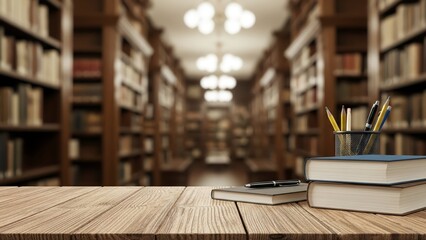 A wooden desk with books and stationery in a serene library atmosphere