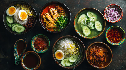 A vibrant spread of delicious dishes featuring noodles, fresh vegetables, boiled eggs, and flavorful sauces.