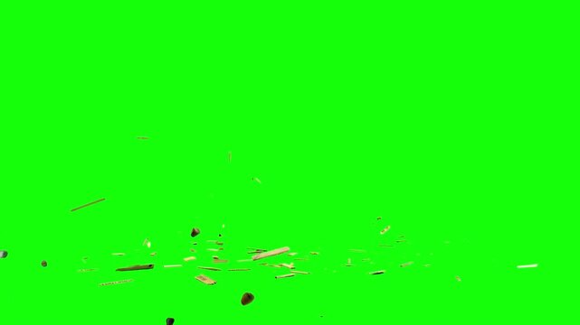 Small to medium debris pieces scattered across the lower area on green screen background. Chroma key animation element suitable for VFX compositing, motion graphics, and video editing.