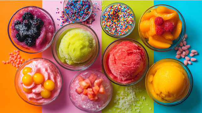 Colorful assortment of delicious frozen sorbets in bowls, perfect for summer refreshment and dessert enjoyment.
