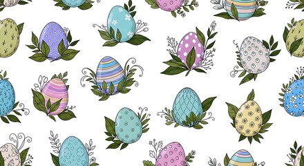 Hand Drawn Pastel Easter Egg Pattern With Leaves And Botanical Elements On Clean White Background For Spring Holiday Wrapping Paper Textile And Decorative Design