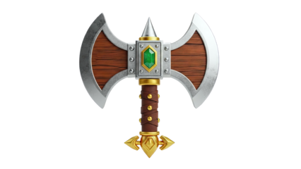 Ornate Double-Bladed Axe with Green Gem and Gold Accents