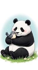 Naklejka premium Gentle giant panda cuddling with a little bird friend.
