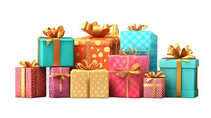 Collection of colorful gift boxes with ribbons festive surprise presents for holidays and celebrations isolated on white background.