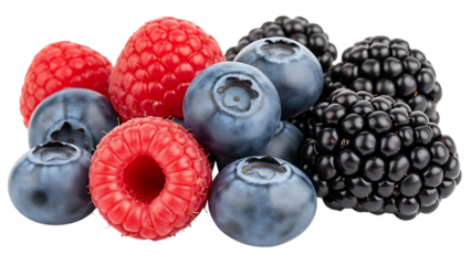 Fresh mixed berries including blueberries raspberries and blackberries isolated on transparent background