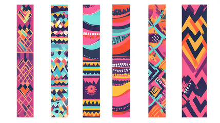 Set of colorful abstract vertical banners with geometric patterns tribal ethnic design elements for social media and web background.