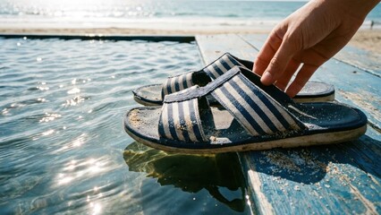 close up of striped sandals resting on a blue surface beside a rippled water body