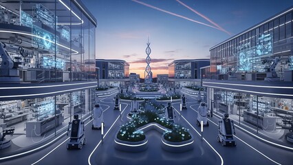 Futuristic Cityscape with Advanced Research Laboratories and Scientific Innovation Hubs