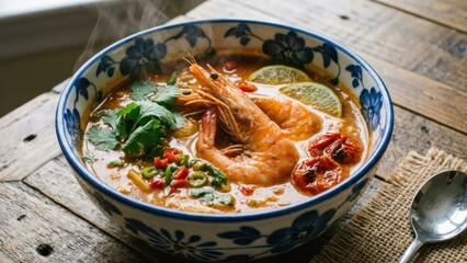close up of a flavorful shrimp soup in a patterned bowl garnished with lime cilantro
