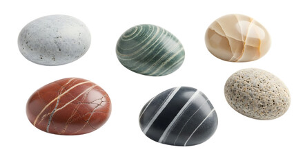 Collection of various marble stones in different colors and patterns isolated on transparent background