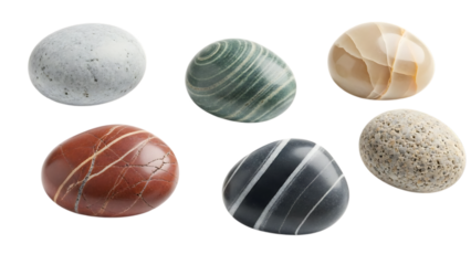 Collection of various marble stones in different colors and patterns isolated on transparent background