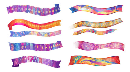 Collection of colorful decorative ribbons with intricate patterns vibrant ethnic textile design elements for graphic projects on white background.