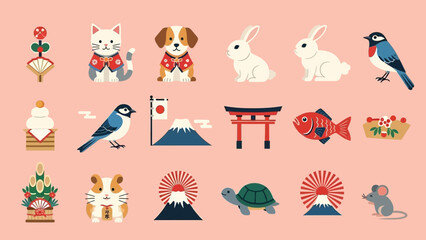 日本の伝統的なお正月飾りと縁起物のイラストセット、猫、犬、うさぎ、鳥、金魚、亀、ねずみ、富士山、鳥居、門松、鏡餅など.