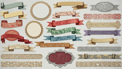 ヴィンテージ風の装飾的なリボンとフレームのコレクション.