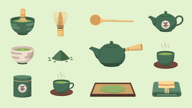 抹茶を点てるための道具一式と、抹茶を使った飲み物や抹茶パウダーのイラスト.