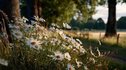 A Serene Meadow Graced by Vibrant Daisies Under a Gentle Sunlight, Surrounded by Lush Trees and Golden Fields