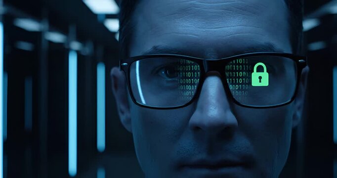 IT security specialist in glasses looking at data stream with binary code, padlock and check mark icons reflecting in lenses representing access granted and secure connection in server room
