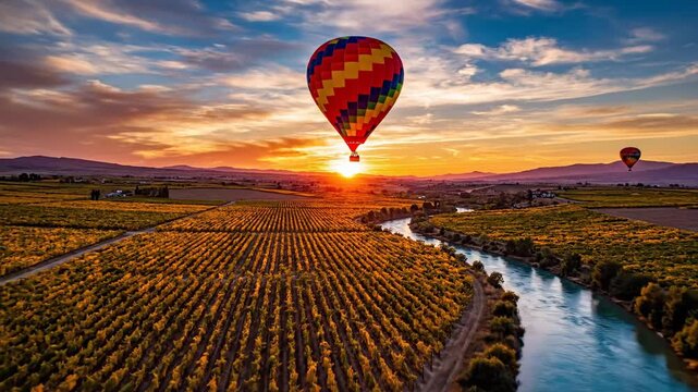 4K time lapse of a vibrant hot air balloon floats gracefully above a lush vineyard at sunset, casting long shadows over golden vines. Warm colors & peaceful ambiance create a dreamy, romantic scene