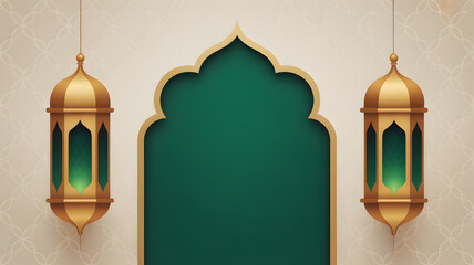 Golden lanterns and decorative archway on patterned background for Islamic celebrations.