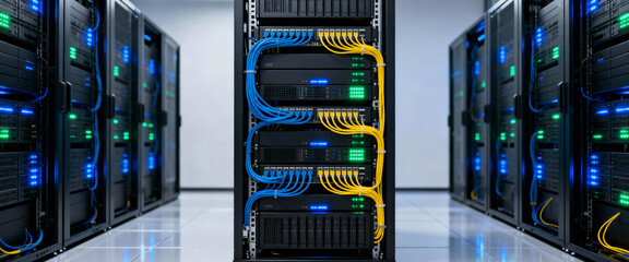 Modern Data Center Server Rack Closeup Showing Network Connection Cables and Status Lights
