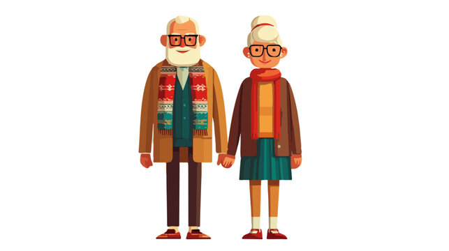 Casal de idosos de estilo retr&ocirc;, com cachec&oacute;is, de m&atilde;os dadas em fundo transparente.