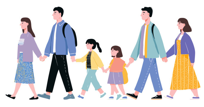 Ilustra&ccedil;&atilde;o vetorial de uma fam&iacute;lia grande e diversa caminhando junta, segurando as m&atilde;os em fundo branco transparente.
