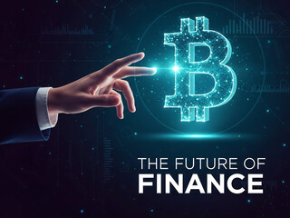 Business conceptual digital interface with a hand pointing at a glowing Bitcoin logo for the future of finance.