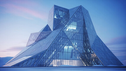 Visionary Glass Architectural Structure with Sharp Angles in a Serene Icy Landscape