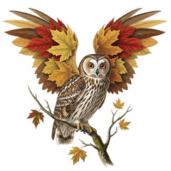 Artistic Illustration of an Owl Perched on a Branch with Wings Made of Vibrant Autumn Leaves