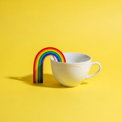 Whimsical Scene with a Small Rainbow Arching into a White Ceramic Coffee Cup on Yellow Background