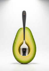 Minimalist Studio Shot of a Halved Avocado with a Silver Spoon Resting in the Center